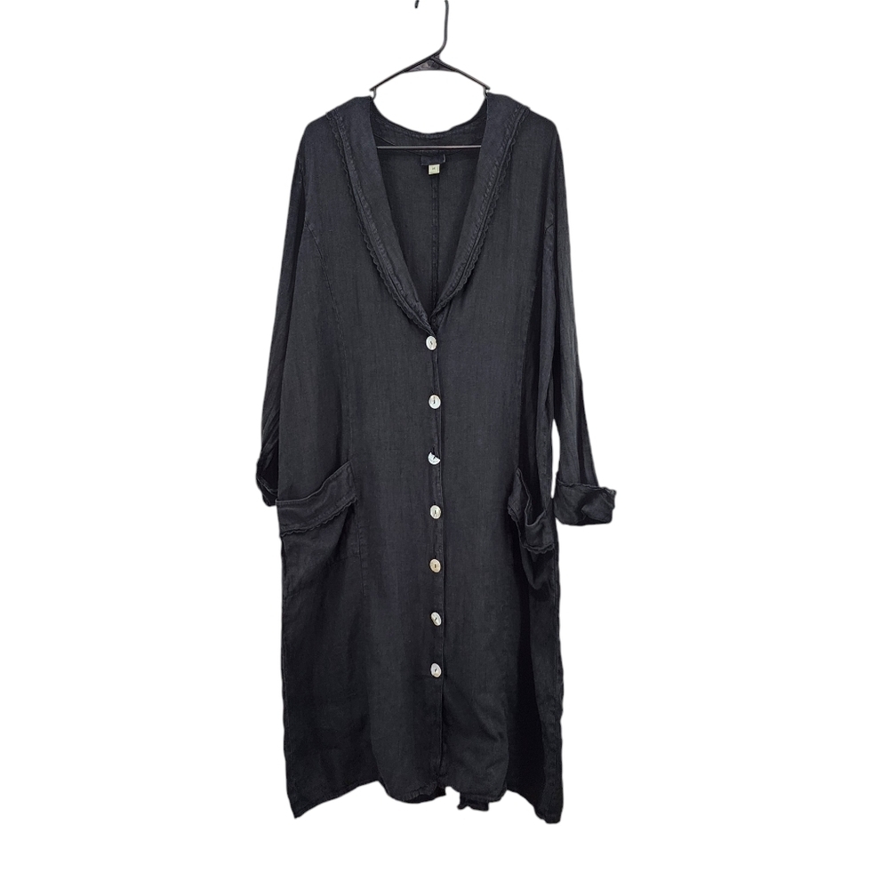 Women's Vintage 100% Linen Shawl Collar Button Front Dress Lagenlook Black- M